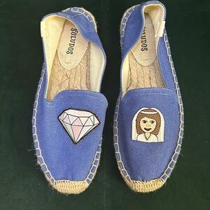 Soludos Lavender-Blue Canvas Espadrilles with Embroidered Diamond & Portrait- 6